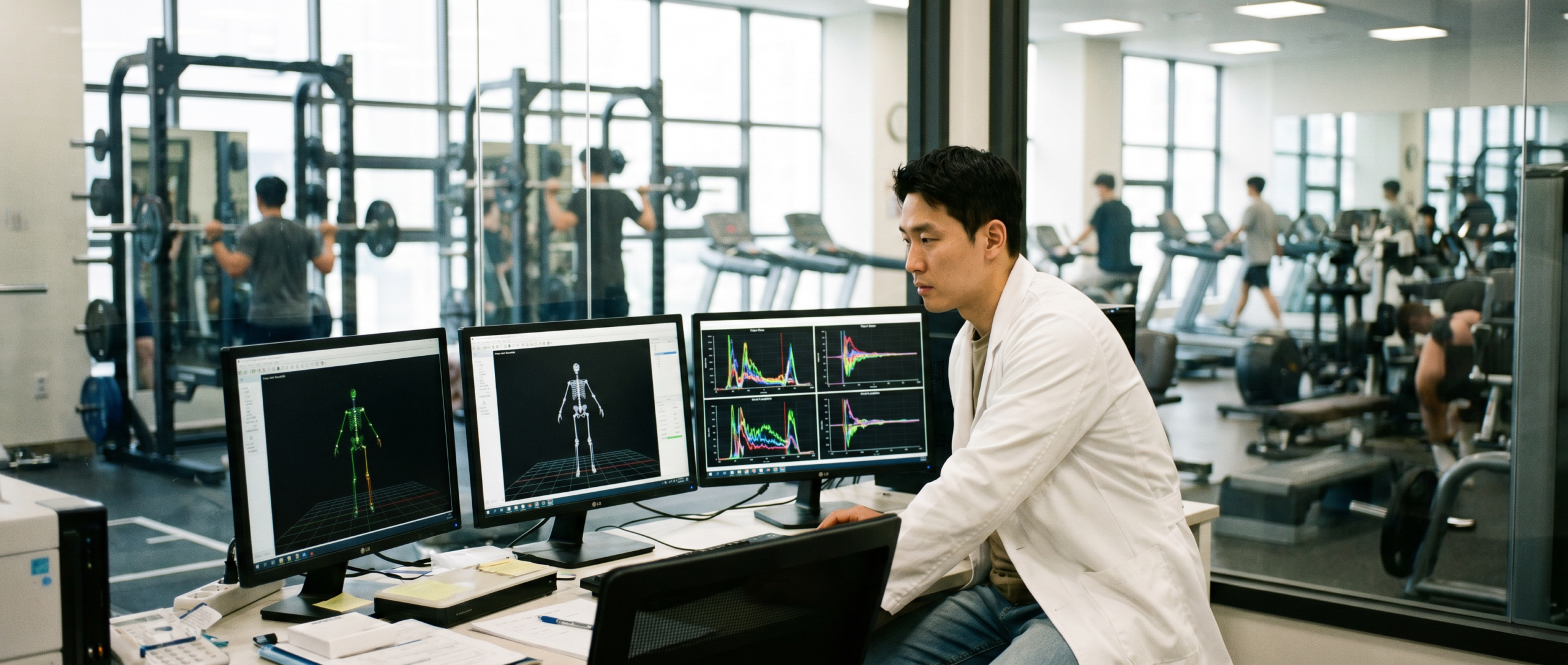 East Asian sports scientist analyzing biomechanics movement data on computer screens with gym equipment visible through glass window