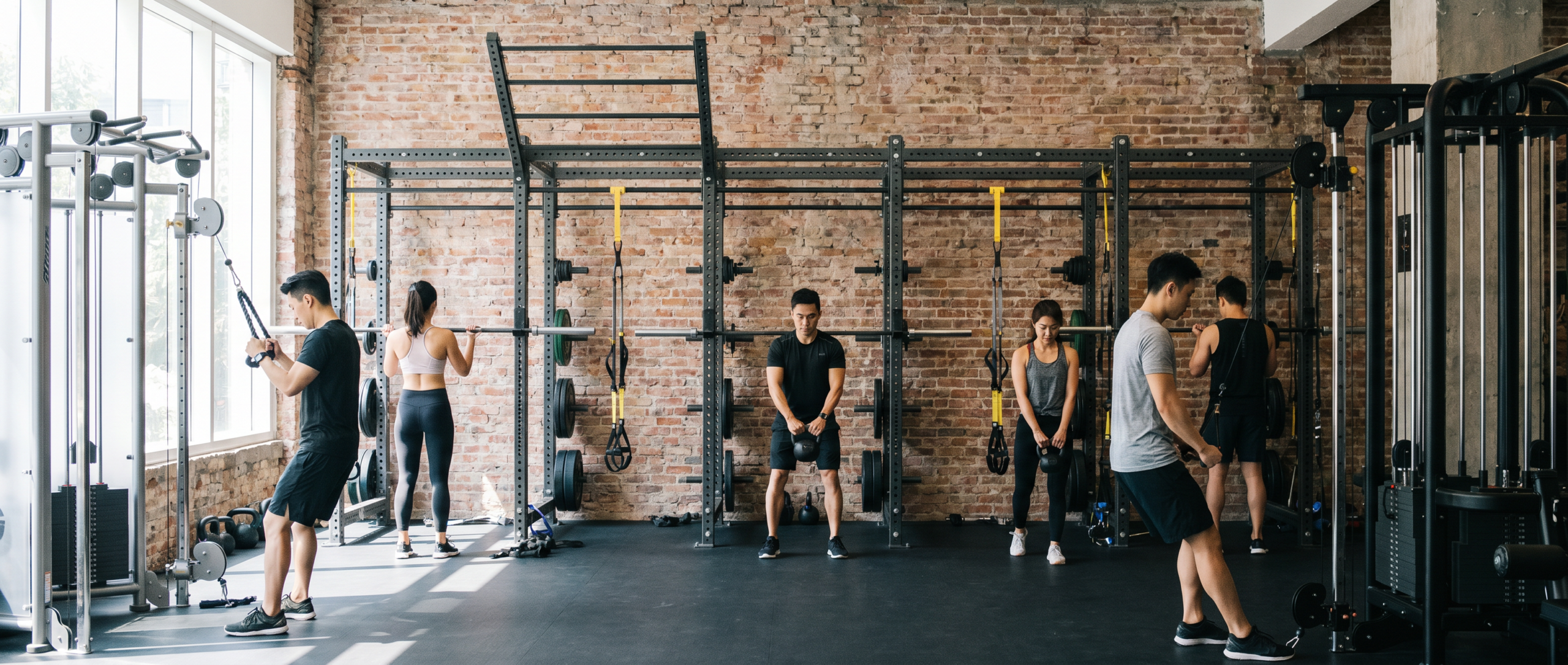 Boutique commercial gym with functional training rig system showing multiple East Asian members using different cable and pull-up stations simultaneously