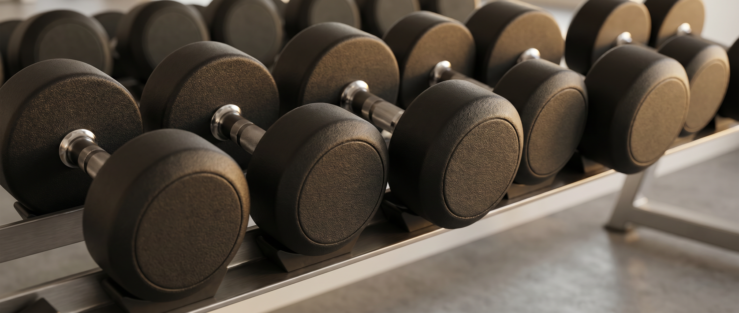 Close-up of premium matte black polyurethane dumbbell set arranged on tiered rack with warm directional side lighting enhancing surface texture