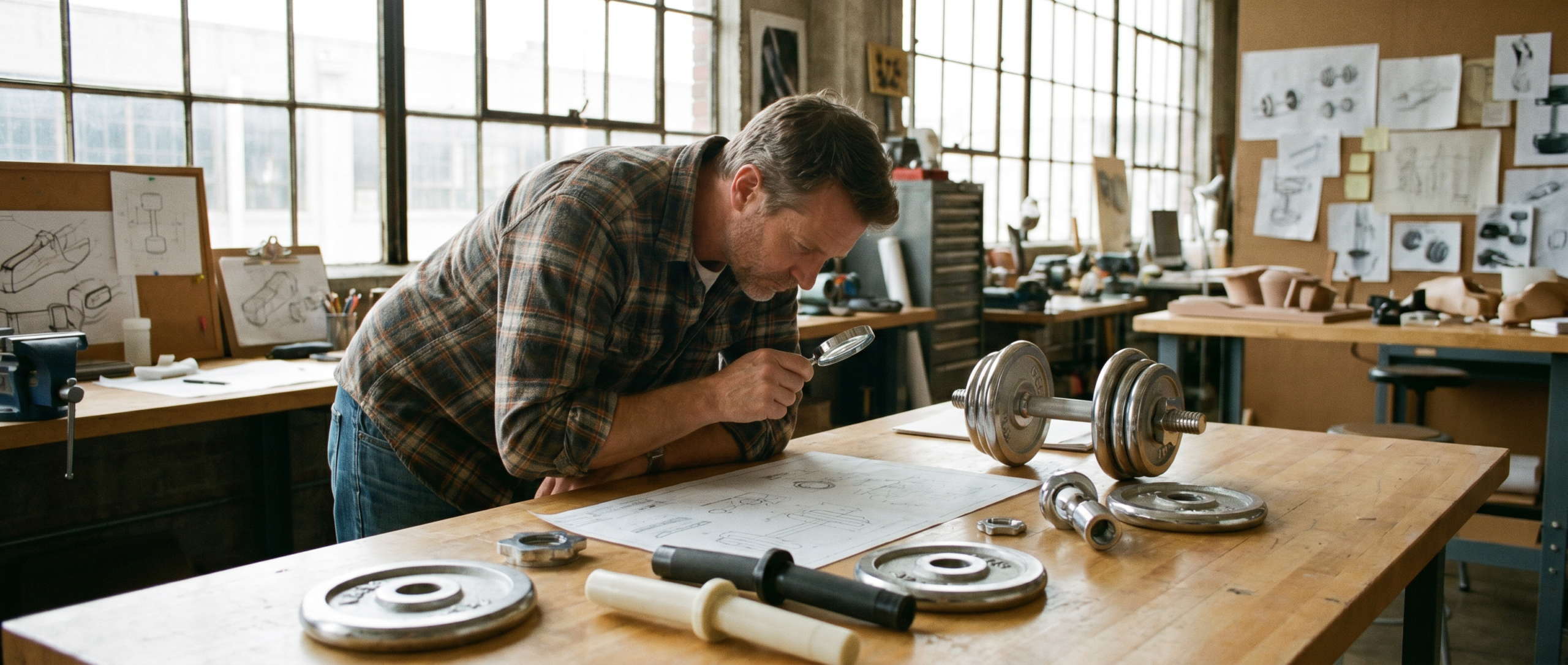 Caucasian male fitness equipment designer reviewing CAD drawings and dumbbell handle prototypes on a design studio worktable