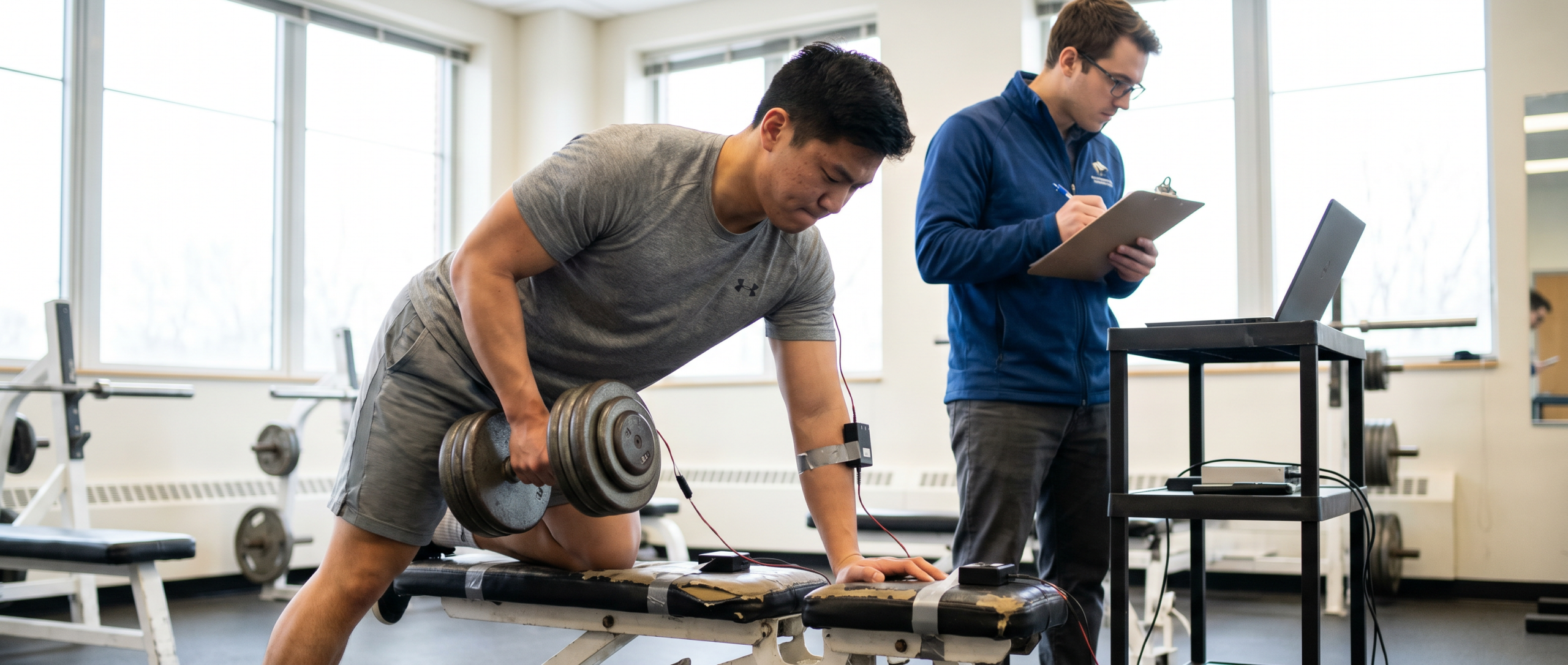 East Asian male athlete performing dumbbell exercise on a commercial gym bench with force measurement sensors attached to equipment