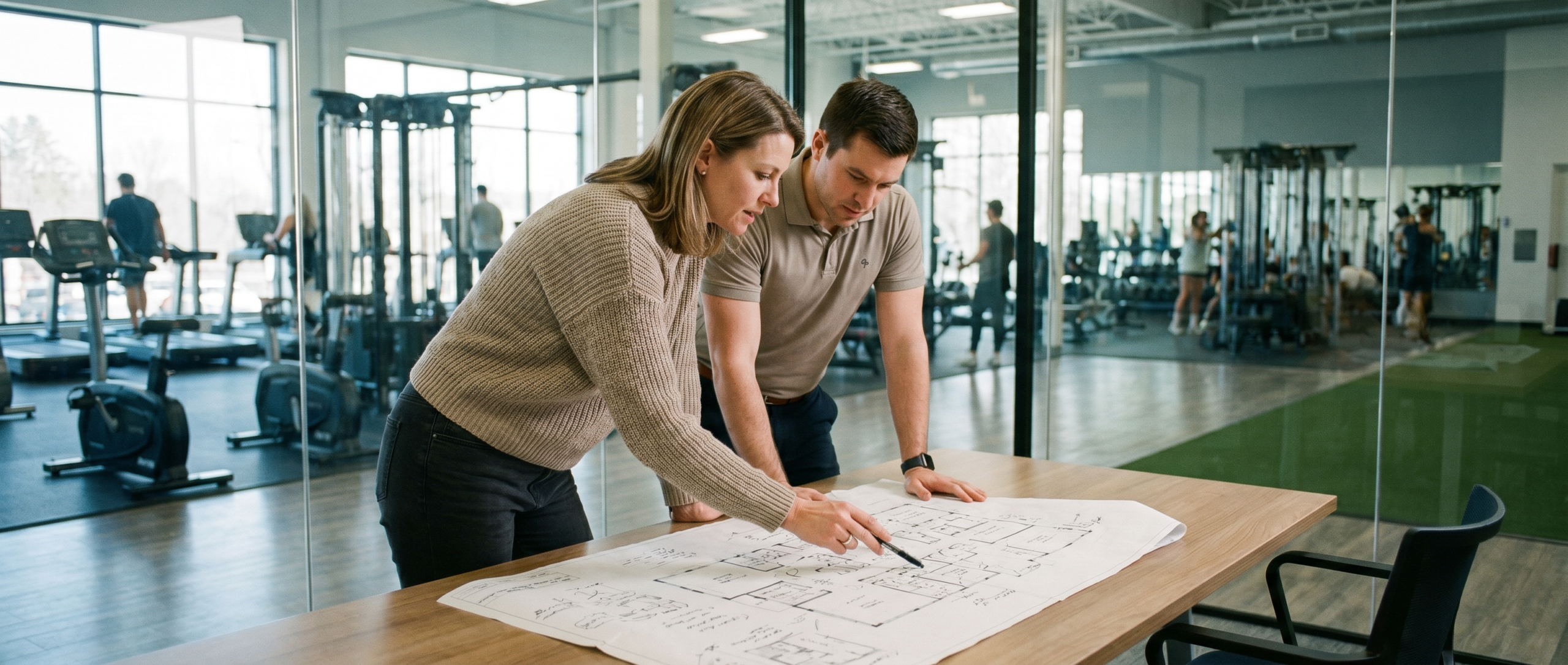 Caucasian female gym manager reviewing printed floor plan layout with a colleague in a glass-walled gym management office