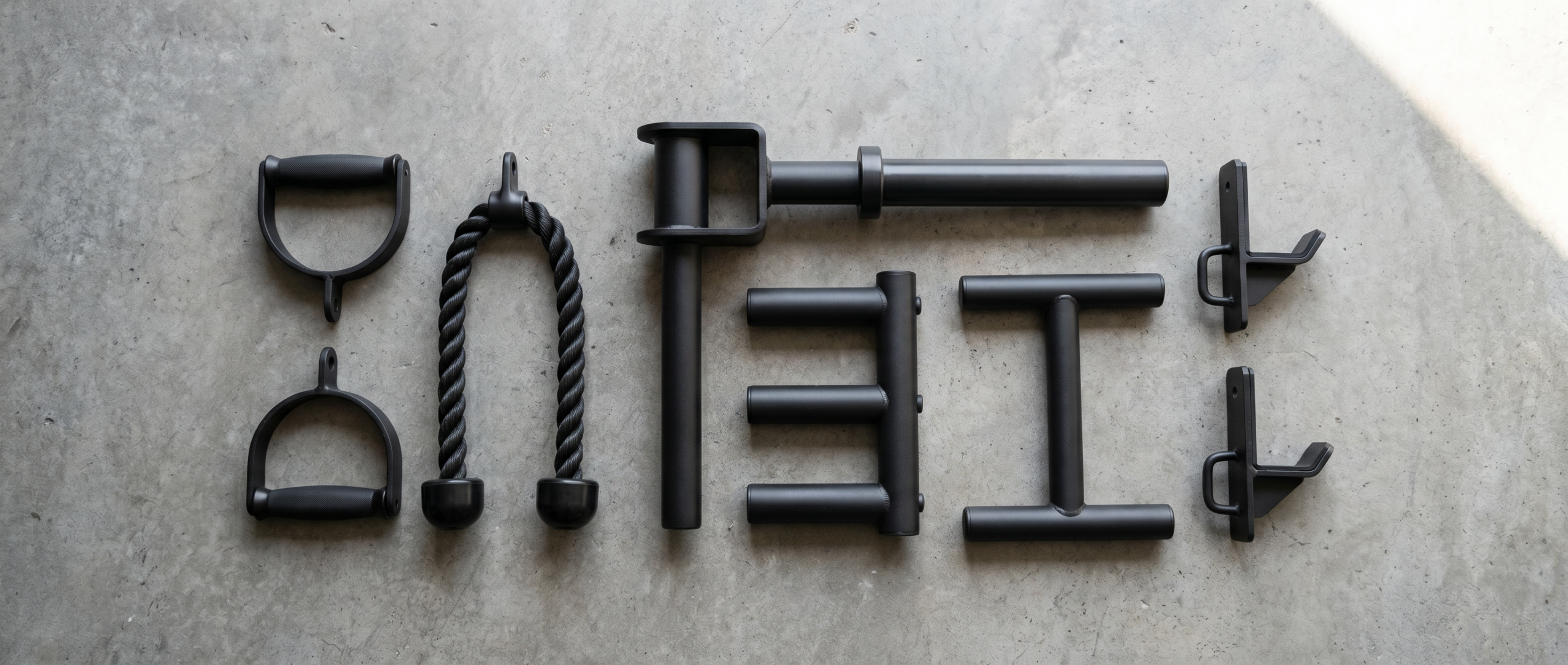 Modular rack accessories laid out including cable attachment handles, landmine attachment, band pegs and dip bars showing the flexibility of modular fitness systems