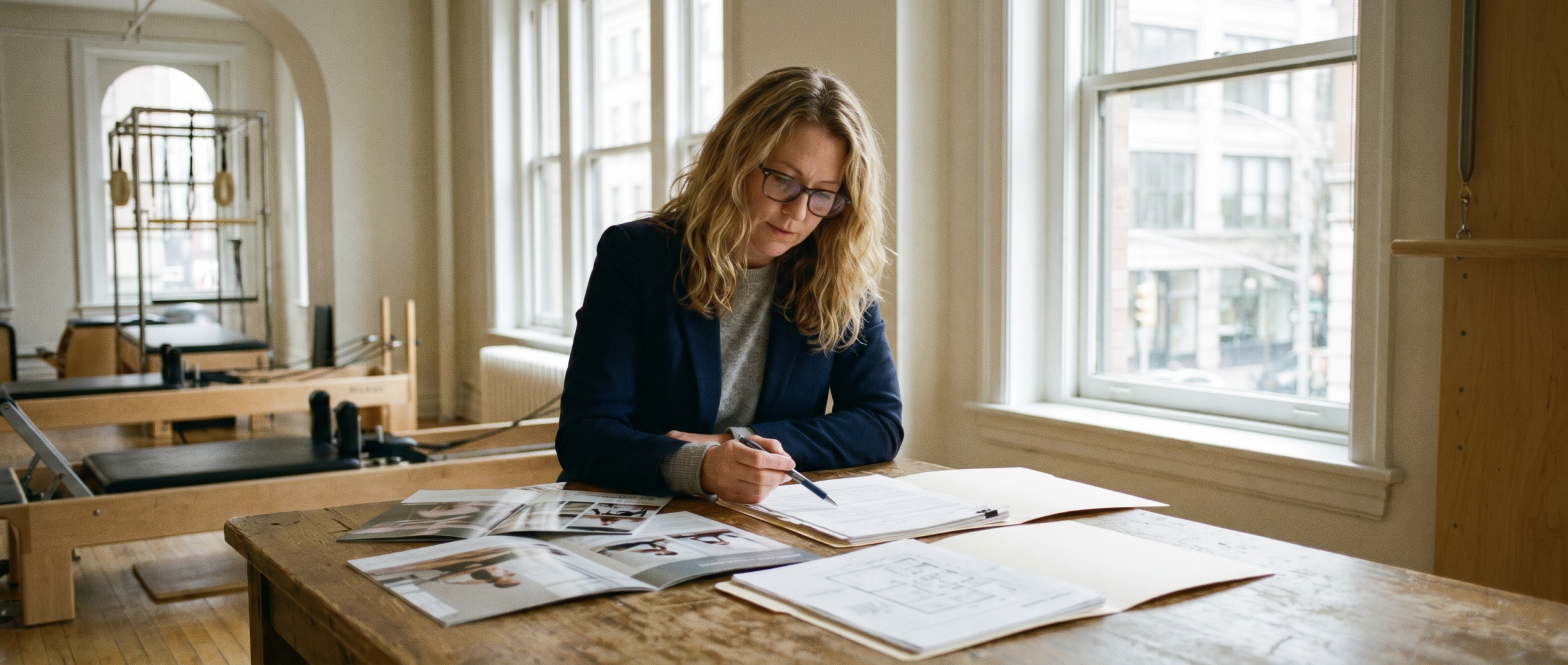 Caucasian female Pilates studio owner reviewing equipment brochures and specification sheets on a wooden table in a studio consultation room