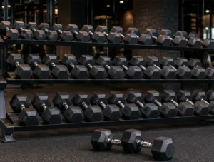 Three-tier commercial rack of black rubber hex dumbbells with one pair on the gym floor showing the hexagonal head profile