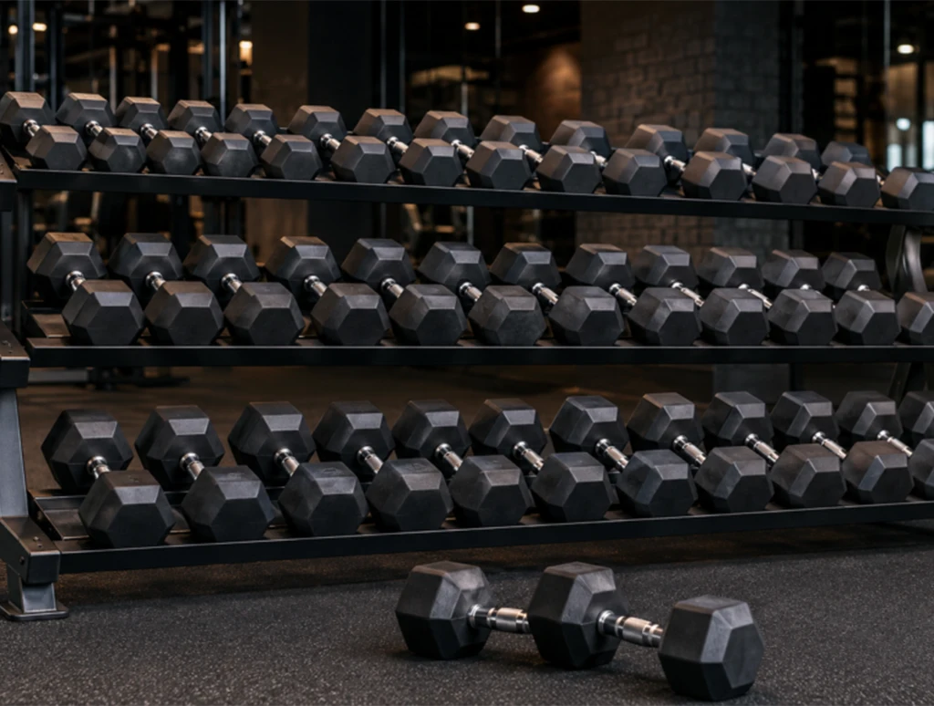 Three-tier commercial rack of black rubber hex dumbbells with one pair on the gym floor showing the hexagonal head profile