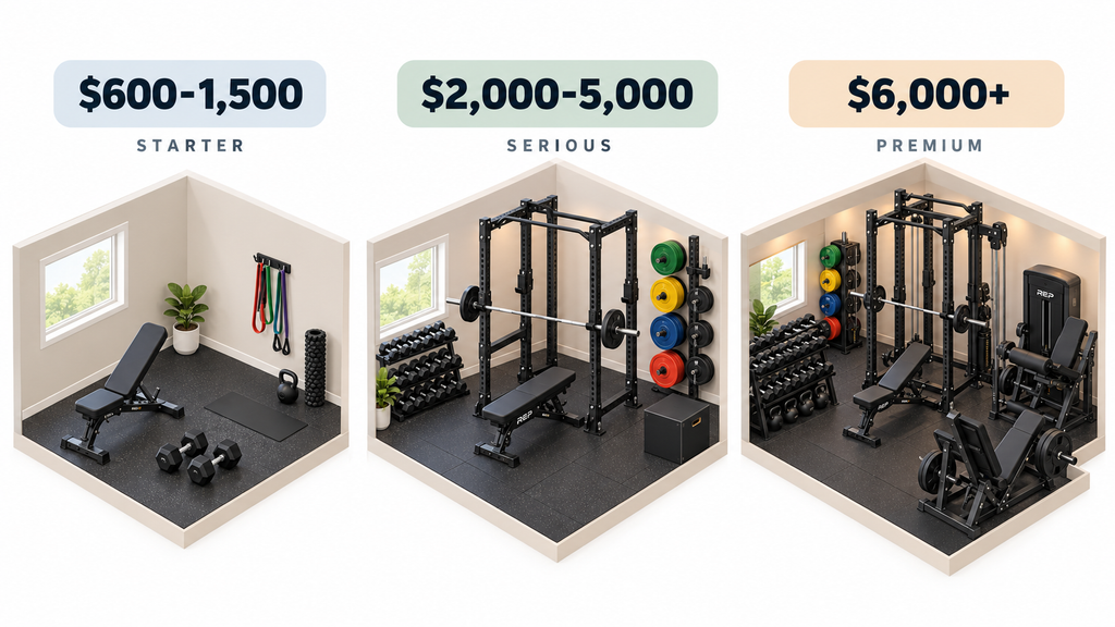 Infographic of starter, serious, and premium home gym builds with price ranges