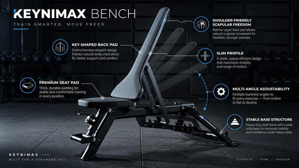 Verstellbare Bank in Kombination mit einer Iso-Lateral-Presse, die Positionen für Flach-, Schräg- und Schulterdrücken zeigt