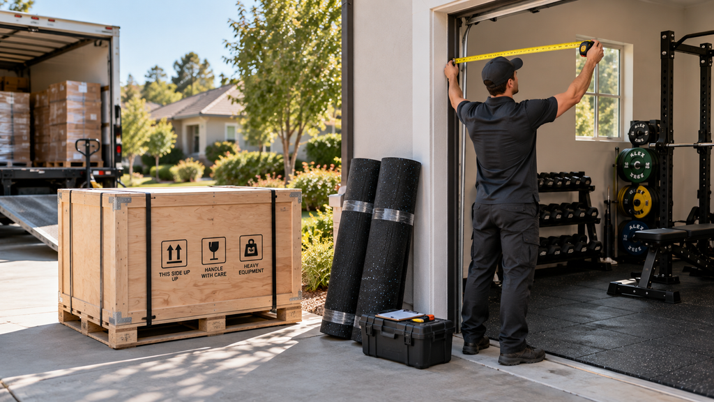 Equipment crate at the curb and doorway being measured on home gym delivery day