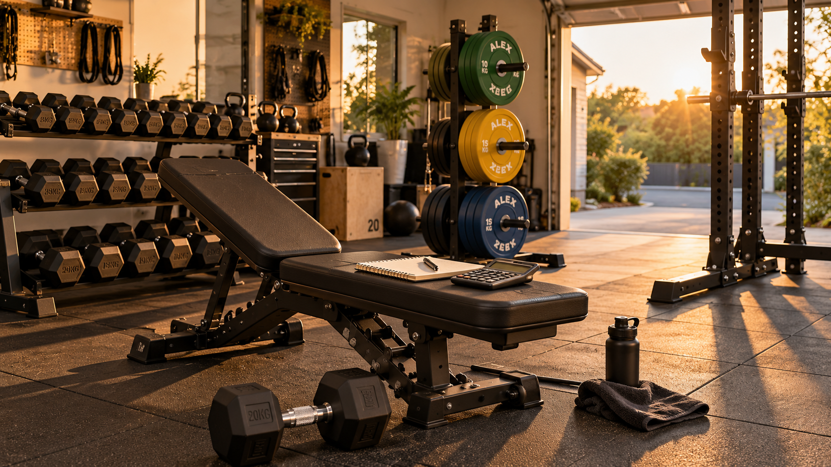 Well-organized garage home gym with bench, dumbbell rack, and budgeting notebook