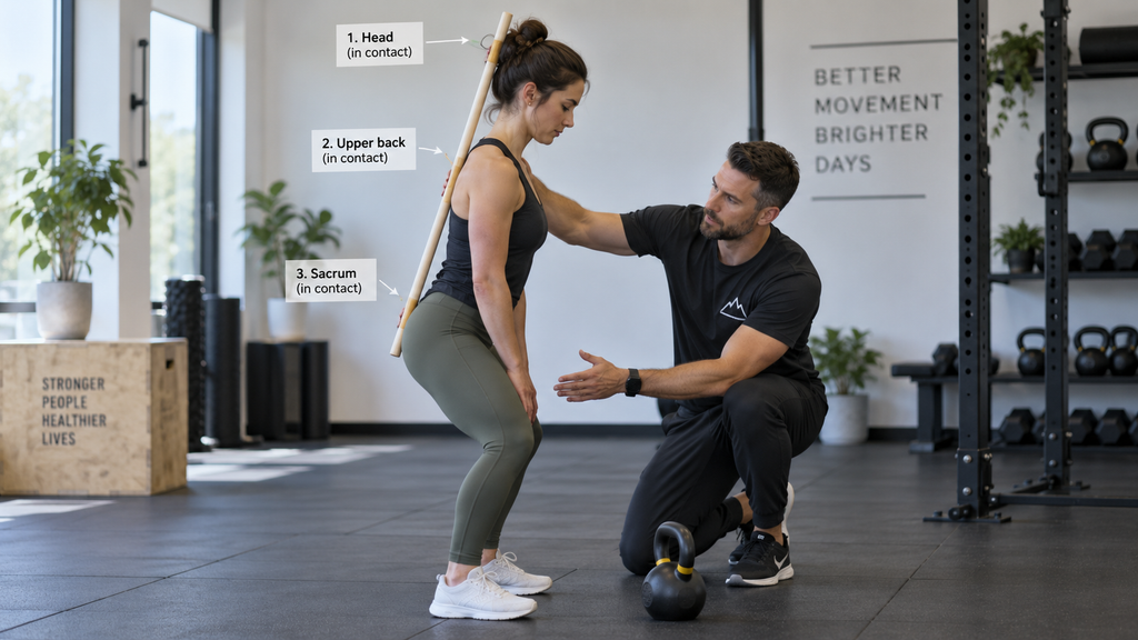 Hip hinge drill with a dowel along the spine before loading the kettlebell deadlift