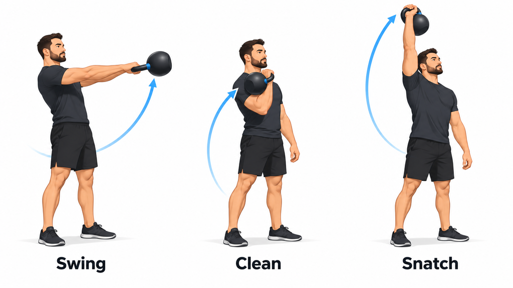 Three-panel progression of kettlebell swing, clean, and snatch with bell path arcs
