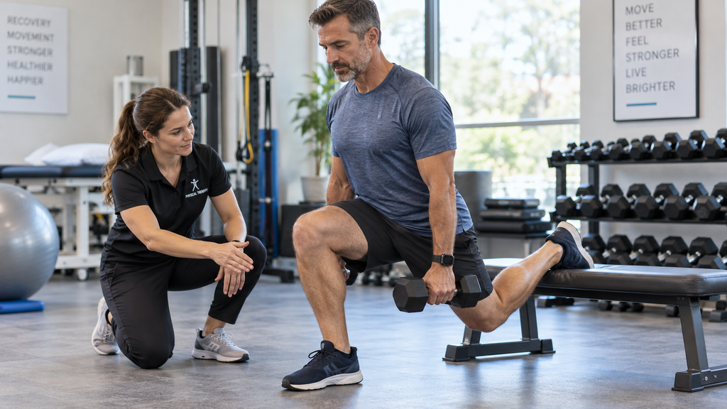 Physical therapist coaching a client through a split squat holding hex dumbbells for single-leg stability.