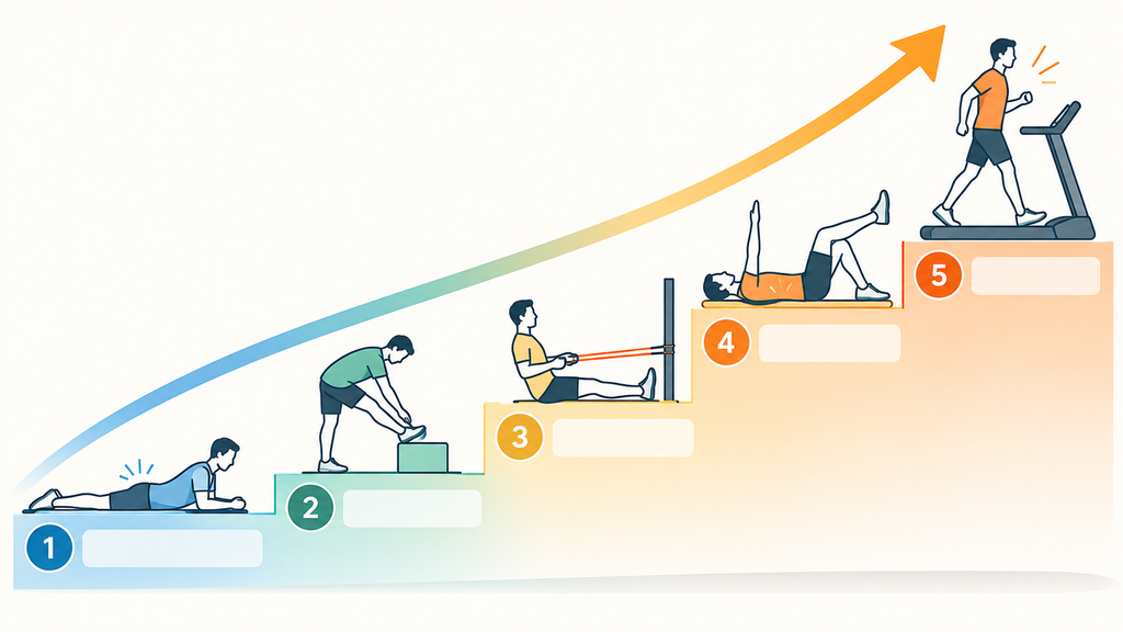 Five-step staircase infographic of PT exercise components from pain control to endurance.