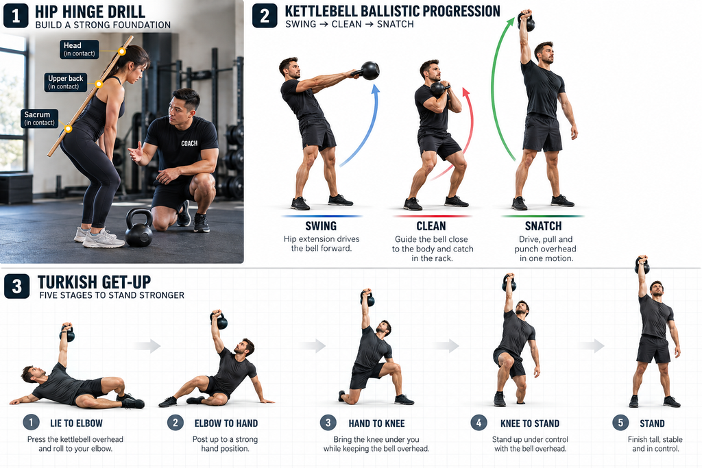 Five stages of the Turkish get-up with the kettlebell held overhead throughout