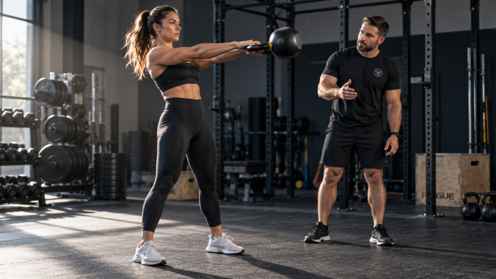 Coach teaching the kettlebell swing with the bell floating at the top of the movement