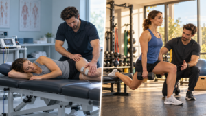Split cover image contrasting passive physical therapy treatment with active resistance training rehabilitation.