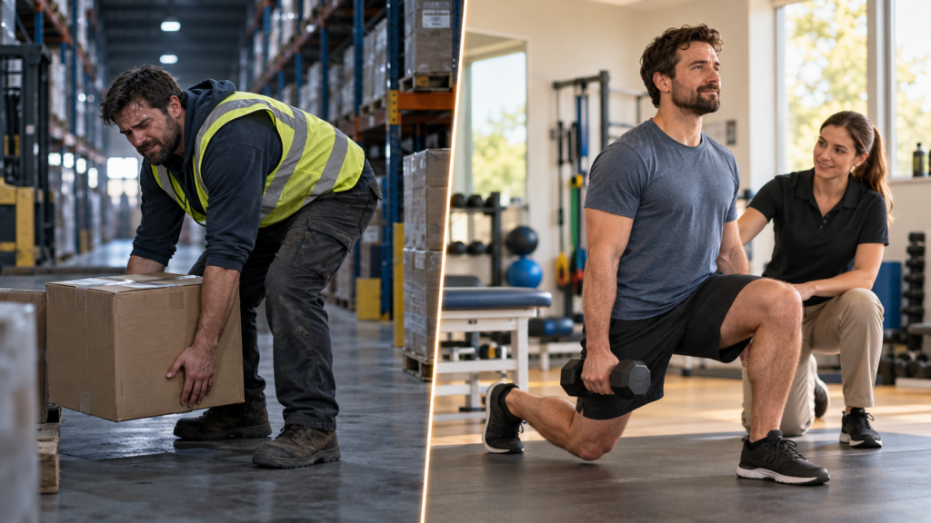 Cover contrasting a warehouse worker lifting boxes with the same person performing a controlled physical therapy exercise.
