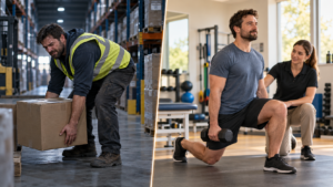 Cover contrasting a warehouse worker lifting boxes with the same person performing a controlled physical therapy exercise.