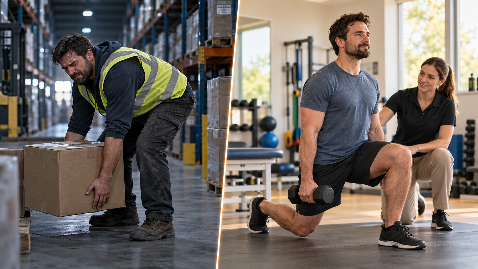 Cover contrasting a warehouse worker lifting boxes with the same person performing a controlled physical therapy exercise.