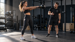 Coach teaching the kettlebell swing with the bell floating at the top of the movement